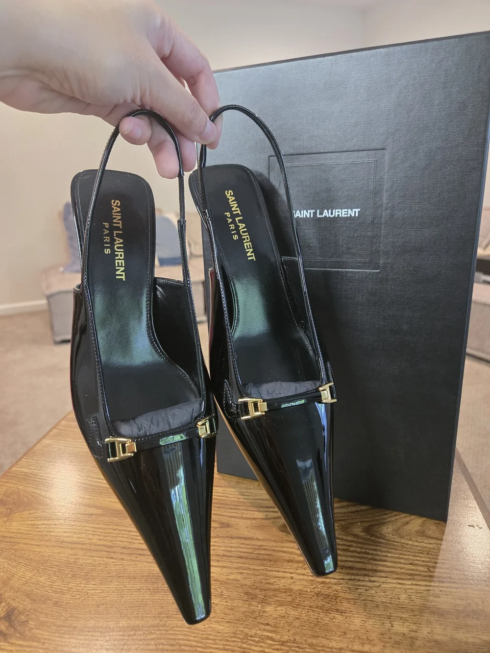 Saint Laurent Black Patent Slingback Pumps with Gold Accent - Picture 4 of 11